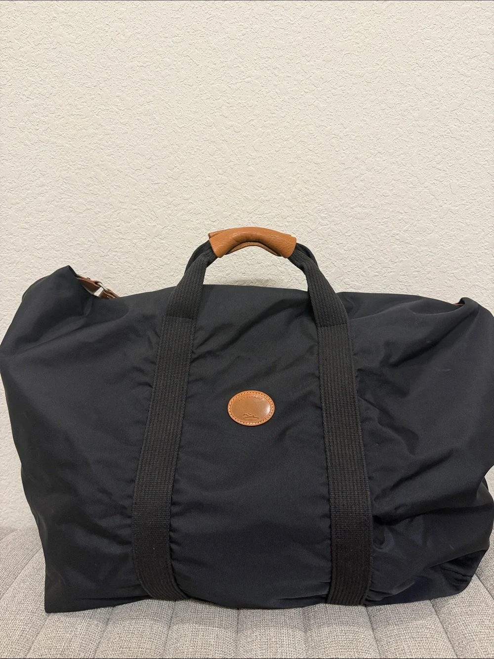 Longchamp Black Duffel Bag with Brown Leather Trim